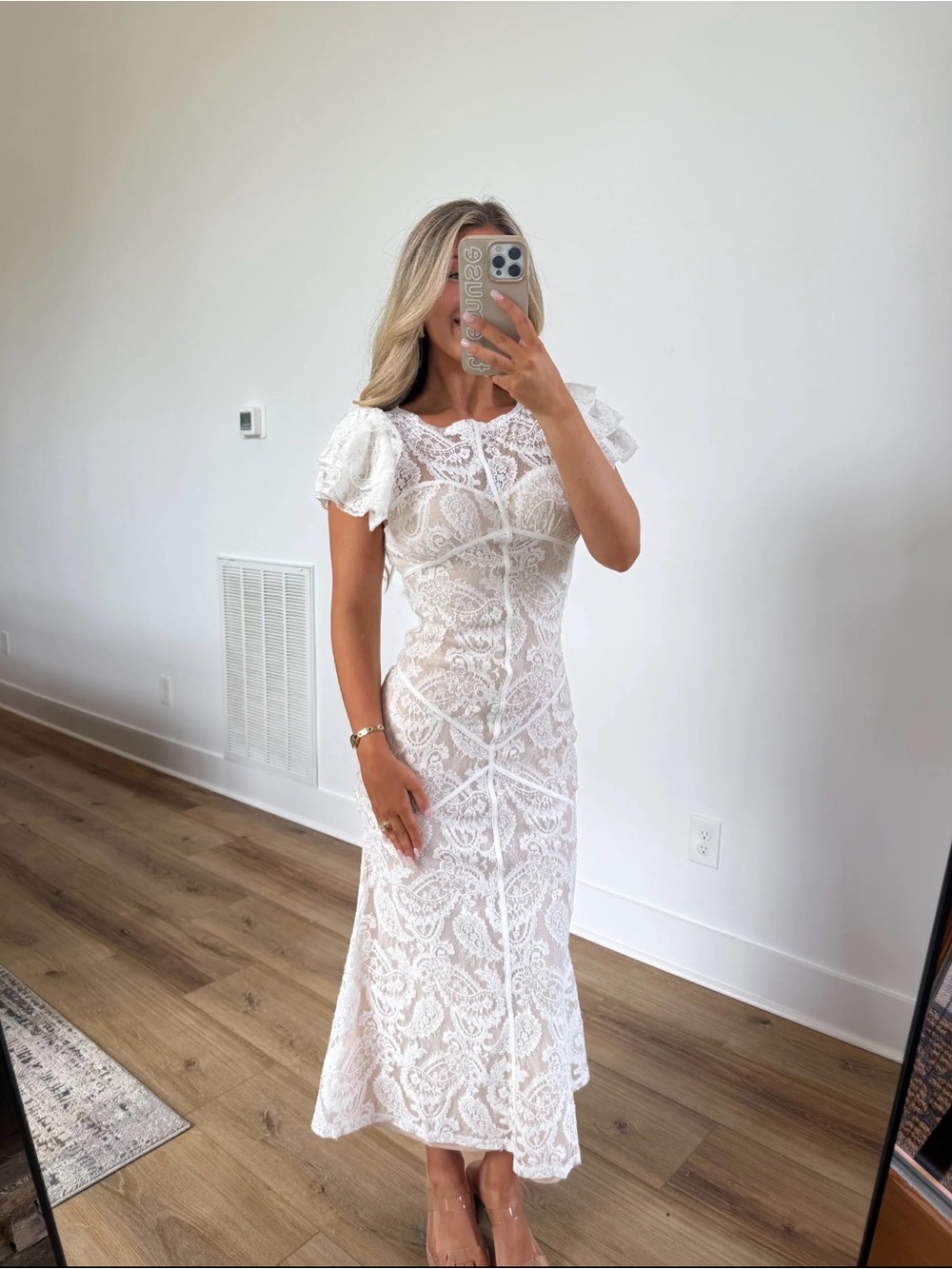 Elegant White Lace Midi Dress with Flutter Sleeves